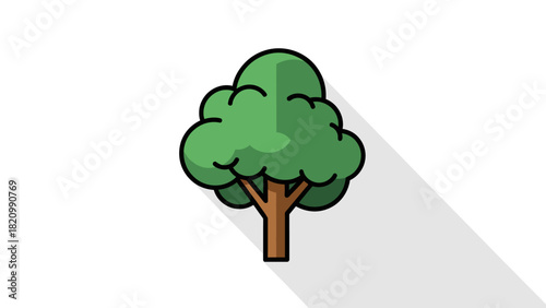 A cartoonstyle tree with a green rounded canopy and a brown trunk casting a long shadow