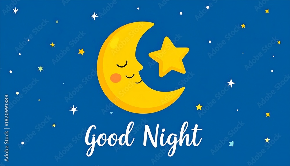 Fototapeta premium A cartoon crescent moon with a star, set against a dark blue sky sprinkled with sparkling stars