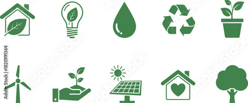 Vector set of green eco icons and symbols for ecology, recycling, and environmental design
