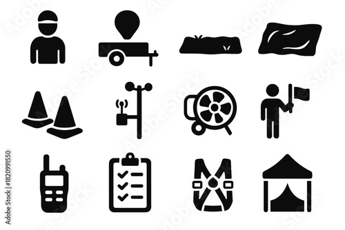 Balloon Launch Icons. Solid style icons of Balloon launch site: launch crew, balloon trailer, open field, setup tarp, safety cones