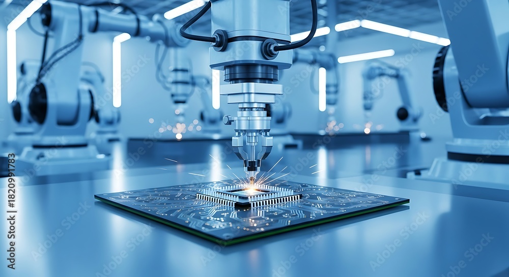 Obraz premium Robotic arm performing precision assembly on a microchip and circuit board in a modern factory, showcasing advanced technology and automation