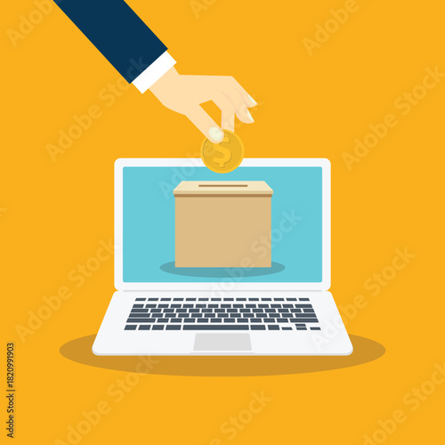 Human hand putting coin in a donation box ,online donation concept.	