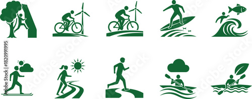 Green icons of outdoor recreation and sustainable energy activities.