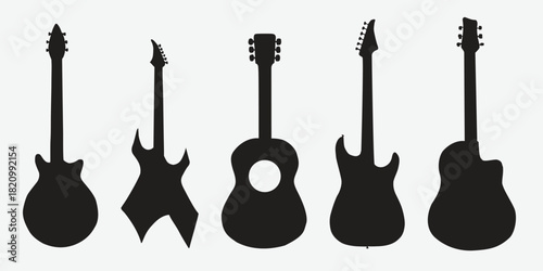  Acoustic guitar black silhouette. Music instrument icon. Vector illustration