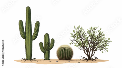 A desert scene with saguaro barrel cactus and a leafy shrub