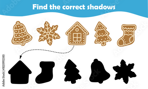 Find the correct shadows game for kids featuring festive shapes like bells, snowflakes, and gingerbread