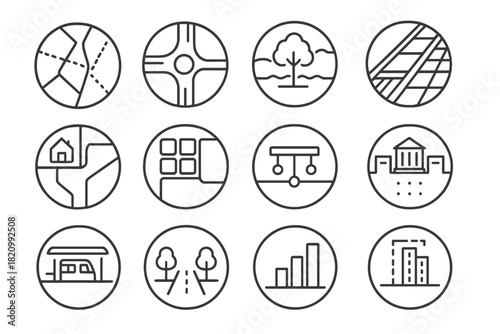 Urban Planning Icons. Line style round icons of urban planning: zoning map, traffic pattern, green space, sidewalk layout; land