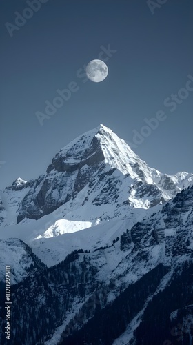 wallpaper of mobile phone -Snow-covered Mountain peaks shimmering under moonlight, cool silver and white tones 