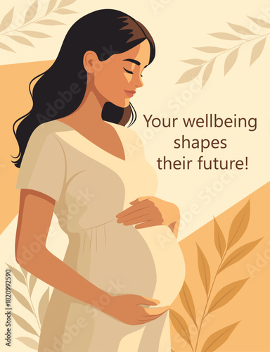 Vector illustration, a pregnant woman in a dress hugging her belly. Beige background. Promotes maternal health, prenatal care, poster for medical projects in the field of women's and children's healt