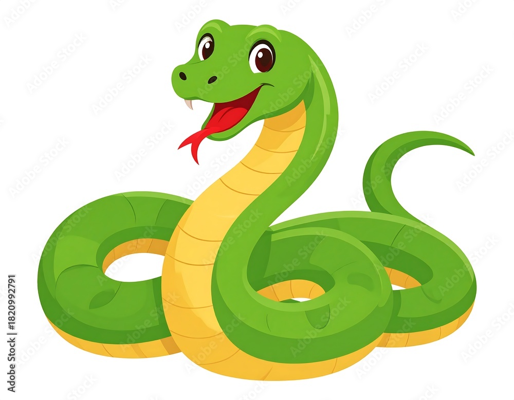 Fototapeta premium A cartoon green snake with a yellow underbelly, coiled and looking to the left with a red tongue