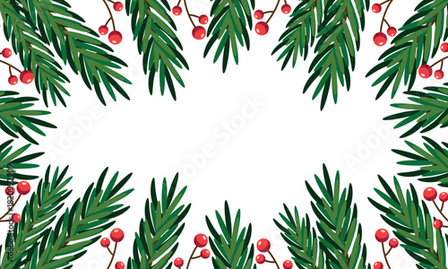 A Christmas frame with fir branches and holly berries. Vector illustration for Christmas and New Year.