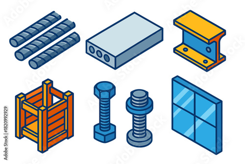 Vibrant Construction Materials. Isometric vector illustration set Construction Materials: steel rebar, precast concrete slab,