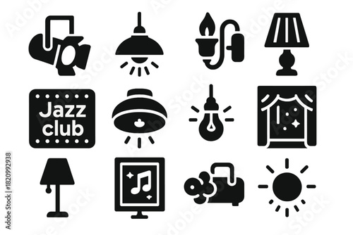 Jazz Club Decor Icons. Solid style icons of Jazz club lighting and décor: stage spotlight, overhead lamp, vintage sconce, table