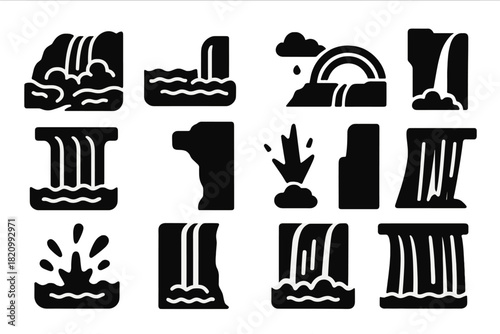 Waterfall Icon Set. Solid style icons of Waterfall features: rapids, pool, mist, rainbow, cascading water, rock ledge, water spray