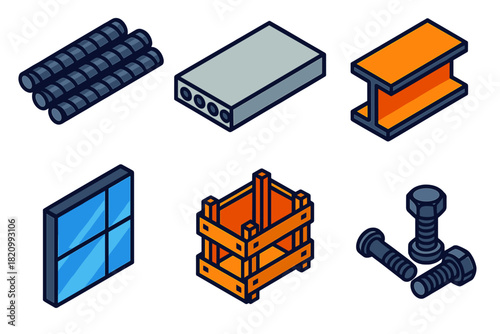 Vibrant Construction Materials. Isometric vector illustration set Construction Materials: steel rebar, precast concrete slab,