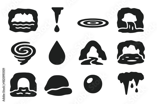 Underground Water Icons. Solid style icons of underground water systems: Subterranean lake, dripping stalactite, ripple surface,