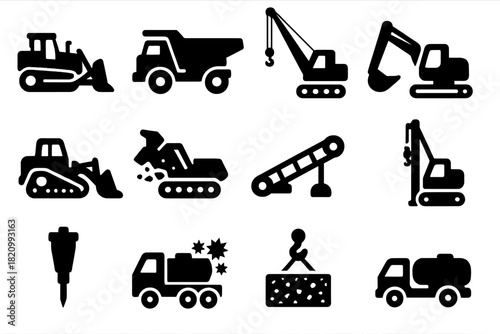 Heavy Machinery Icons. Solid style icons of Heavy Machinery: bulldozer, dump truck, crane, excavator, front loader, rock crusher,