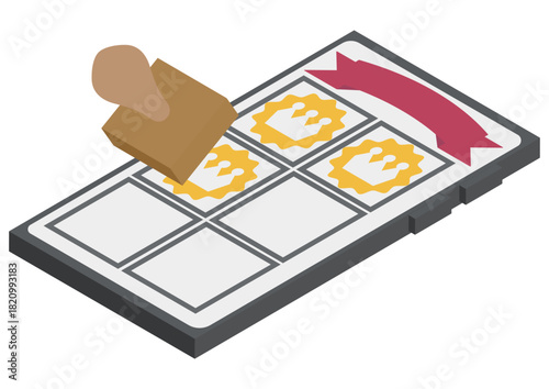 アイソメトリックなスマートフォンとスタンプカードの素材