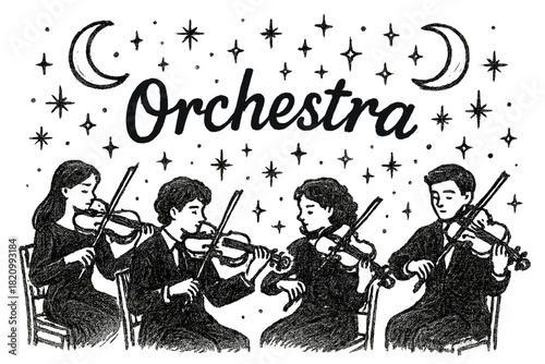 Black and white drawing of a group of people playing violins