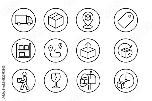Delivery Icons Collection. Line style round icons of delivery and logistics: delivery truck, shipment box, package tracking,