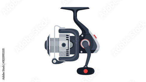 A flat design illustration of a black and silver fishing reel