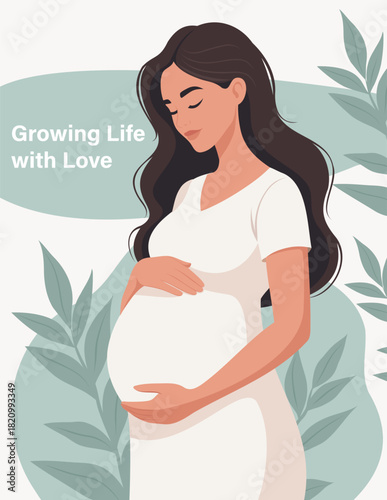 Vector illustration of a pregnant woman hugging her belly. Maternal health, prenatal care, postpartum depression, awareness. Use for healthcare projects in the field of women's and children's health