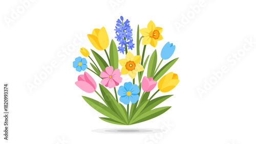 A flat design illustration of a bouquet of spring flowers on a white background