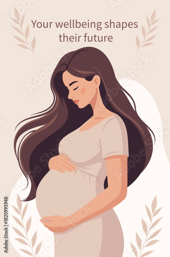 Vector illustration a pregnant woman tenderly hugs her belly. Maternal health, prenatal care, postpartum depression. Use for medical projects related to women's, mothers', and children's health
