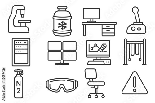 High-Tech Lab Icons. Line style icons of high-tech lab: cryo microscope, cooling tank, workstation desk, control joystick; data
