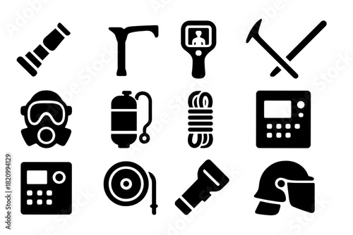 Firefighting Tools Icons. Solid style icons of Firefighting tools and equipment: nozzle, halligan bar, thermal camera, pike pole,