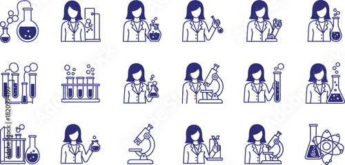 Science Icons Female Scientist With Laboratory Equipment And Experiments vector illustration