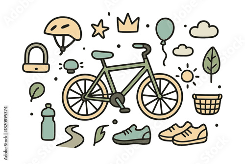 Bicycle is surrounded by various items such as a helmet, a bicycle lock