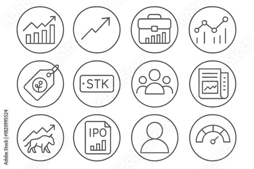 Investment Icons Collection. Line style round icons of investment and stocks: stock chart, growth arrow, investment portfolio,