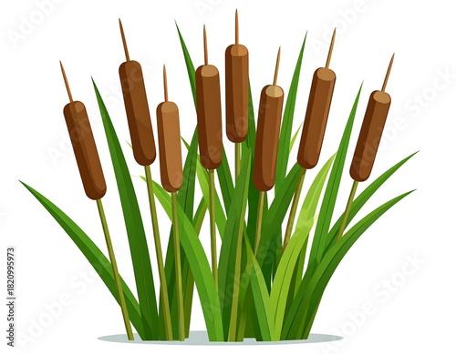 A cartoon-style illustration of cattails with green foliage on a white background in a clustered arrangement