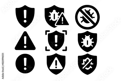 Threat Prevention Icons. Solid style icons of alert and threat prevention: shield with exclamation, danger defense icon, blocked