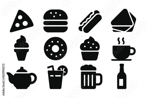Food and Drink Icons. Solid style icons of Food and drinks: pizza, burger, hotdog, sandwich, ice cream, donut, cupcake, coffee cup