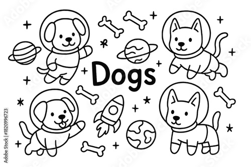 Drawing of four dogs in space with a caption that reads "Dogs"