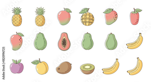 Assortment of fresh fruits pineapple mango banana and more in cartoon style