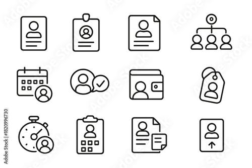 Employee Management Icons. Line style round icons of employee management: personnel file, job title icon, role description, team
