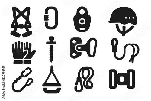 Zipline Equipment Icons. Solid style icons of Zipline Equipment: harness straps, locking carabiner, cable pulley, helmet gear,
