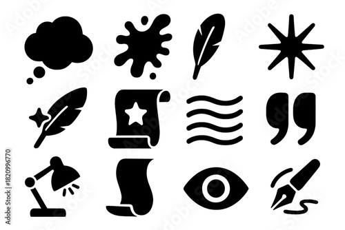 Creative Icon Set. Solid style icons of Creative inspiration and ideas: thought cloud, ink splash, muse feather, spark light, idea