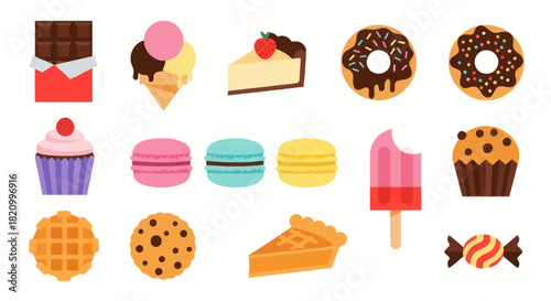 Assortment of sweet treats and desserts in colorful vector illustration