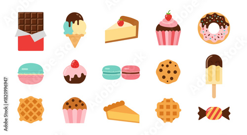 Assortment of sweet treats chocolate ice cream cake cupcakes and more