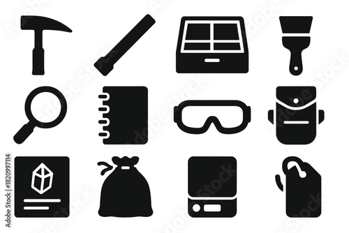 Mineral Collection Tools. Solid style icons of Mineral collecting tools: rock hammer, field chisel, specimen box, brush tool,