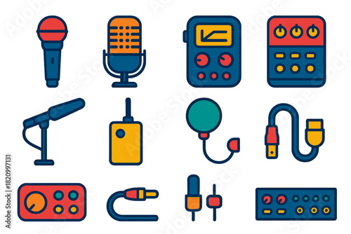 Flat Audio Icons. Flat vector icons of audio recording equipment: dynamic microphone, ribbon microphone, field recorder, portable