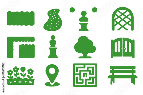Garden Maze Icon. Solid style icons of Garden Maze: green hedge, gravel walkway, center sculpture, corner turn, arched trellis,