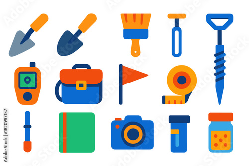 Fieldwork Tools Icons. Flat vector icons of fieldwork and sampling tools: trowel, hand shovel, brush, core sampler, GPS device,