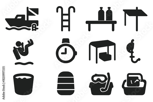 Dive Boat Gear Icons. Solid style icons of Dive boat and surface setup: dive ladder, gear bench, tank rack, roll entry, surface