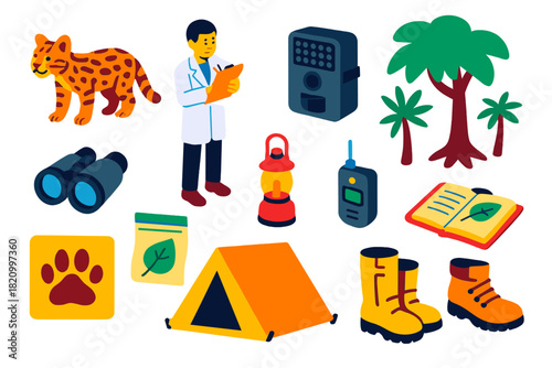 Jungle Species Rediscovery. Isometric vector illustration set Species Rediscovery: rediscovered jungle animal, scientist with