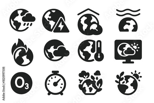 Climate Icons Set. Solid style icons of climate and atmosphere: earth with weather, climate change icon, greenhouse effect,